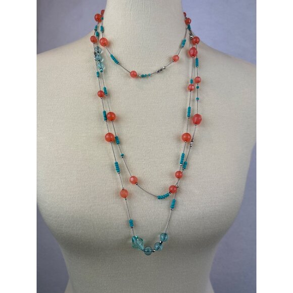 Charming Charlie Coral Turquoise Silver Tone Beaded Necklace Long Adjustable - Picture 5 of 5